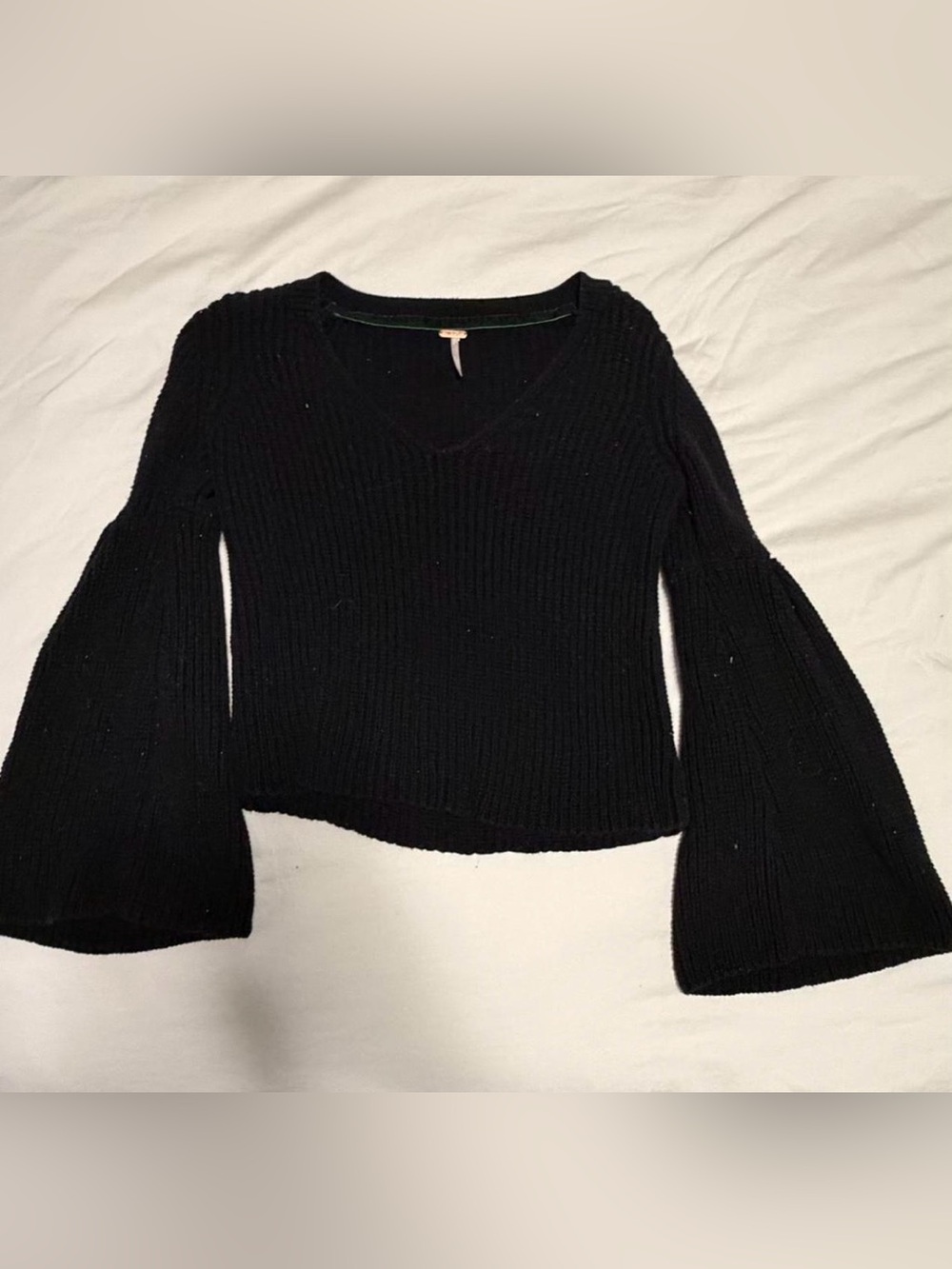 Free People Black V-Neck Ribbed Bell-Sleeve Sweater